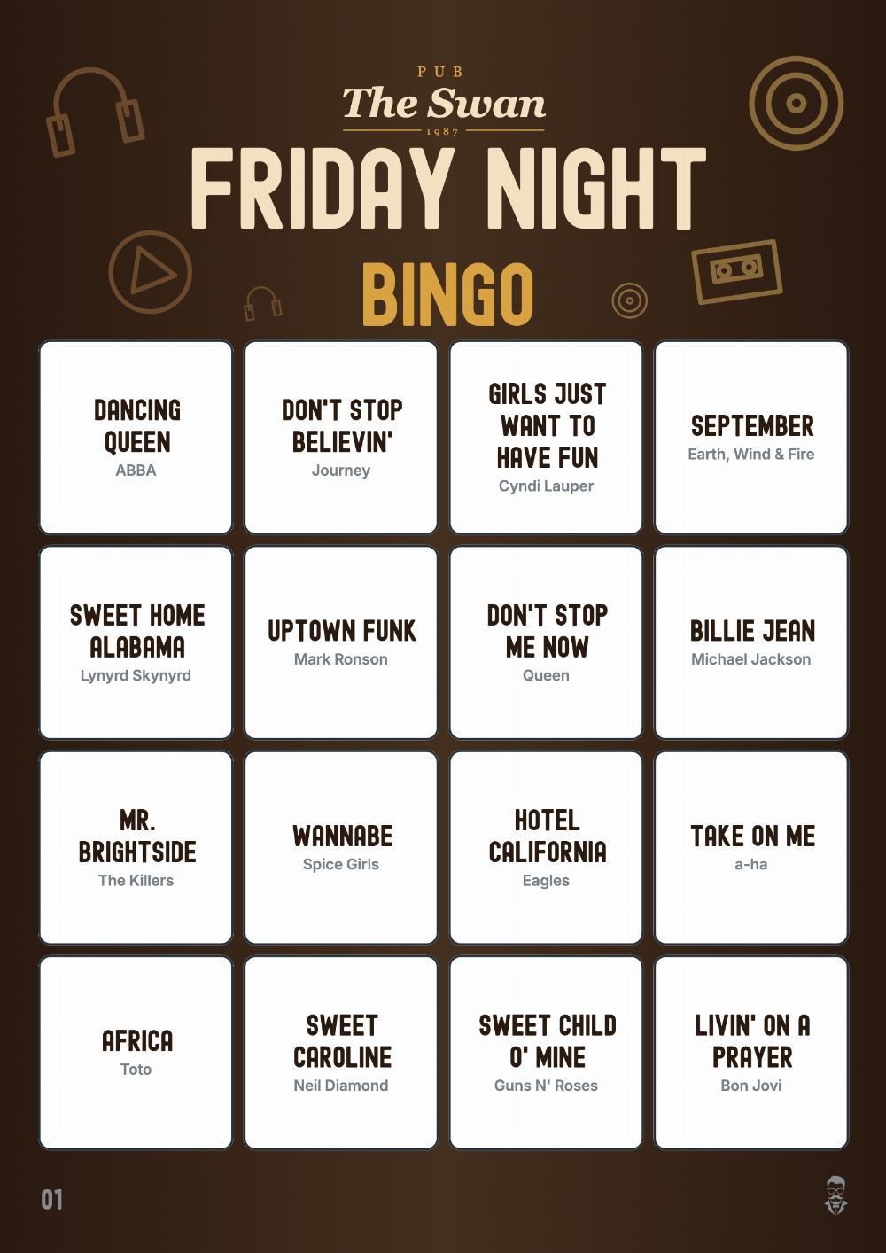 Example: Friday Night Bingo card branded for The Swan pub, with 16 songs such as Dancing Queen and Sweet Home Alabama