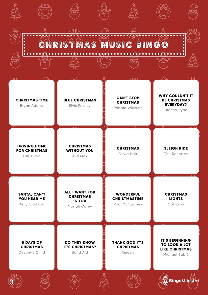Christmas Music Bingo card