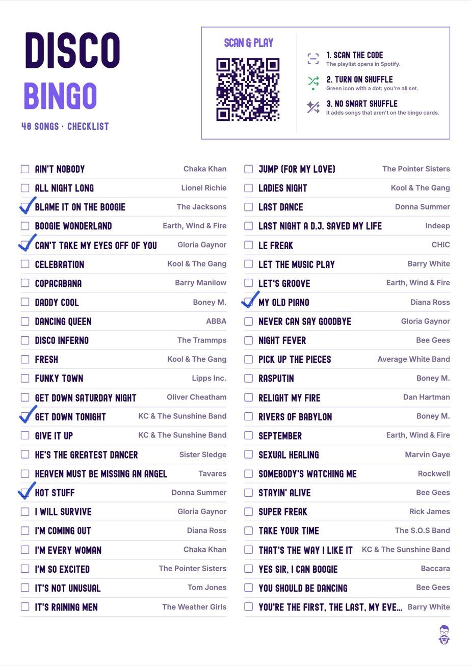 Disco Music Bingo checklist