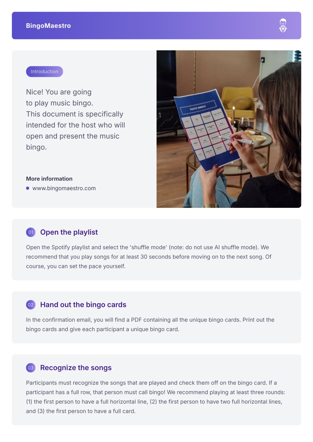Page from the instructions for the music bingo host