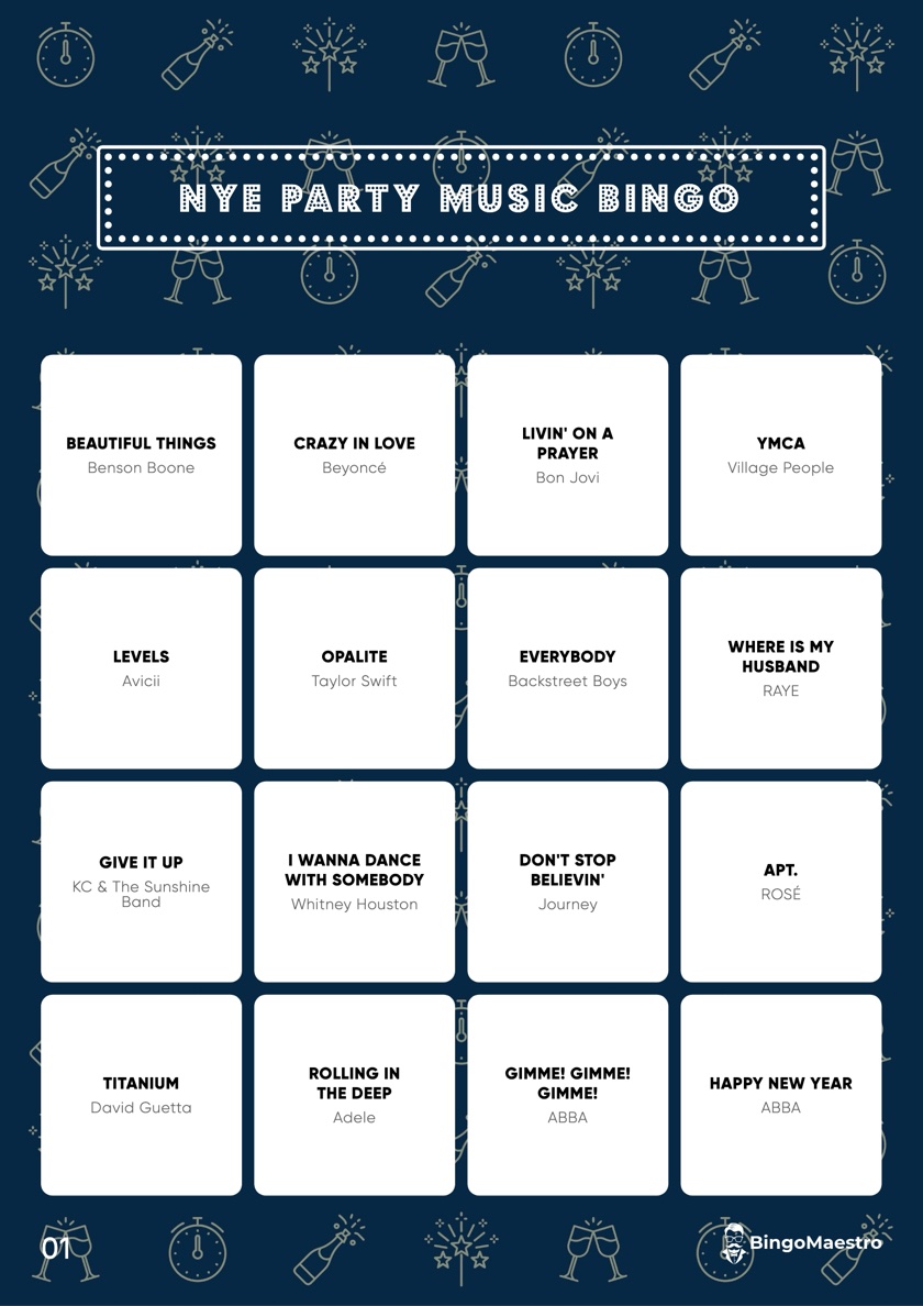 NYE Party Music Bingo card