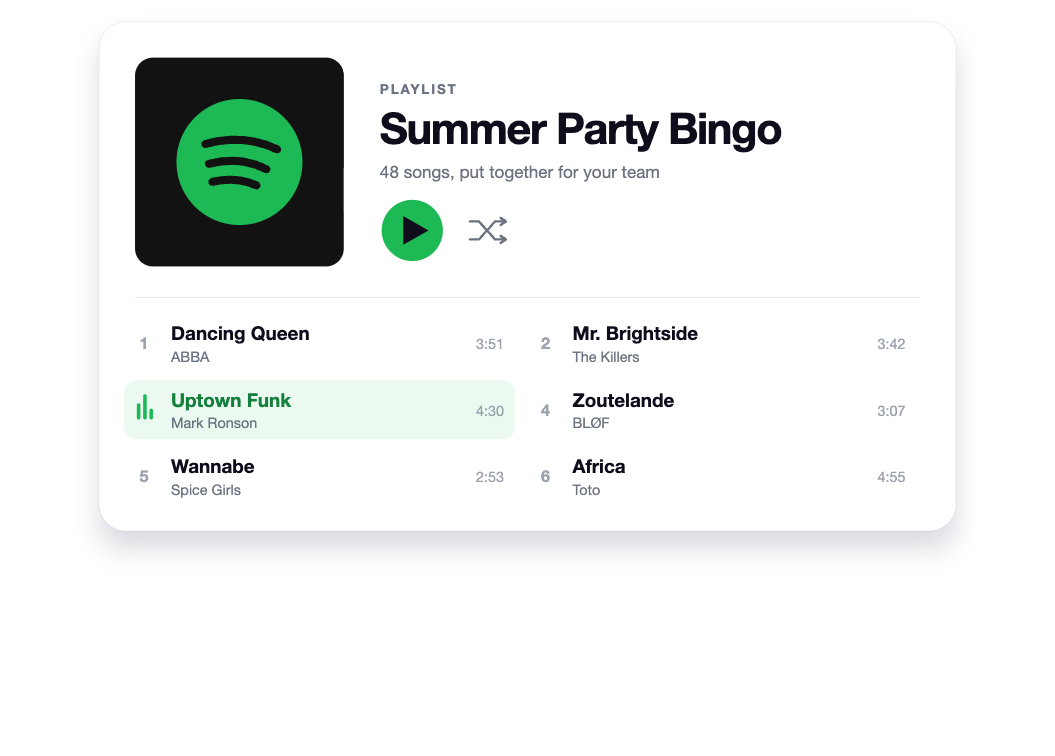 Example of a playlist for a custom music bingo: Summer Party Bingo with 48 songs
