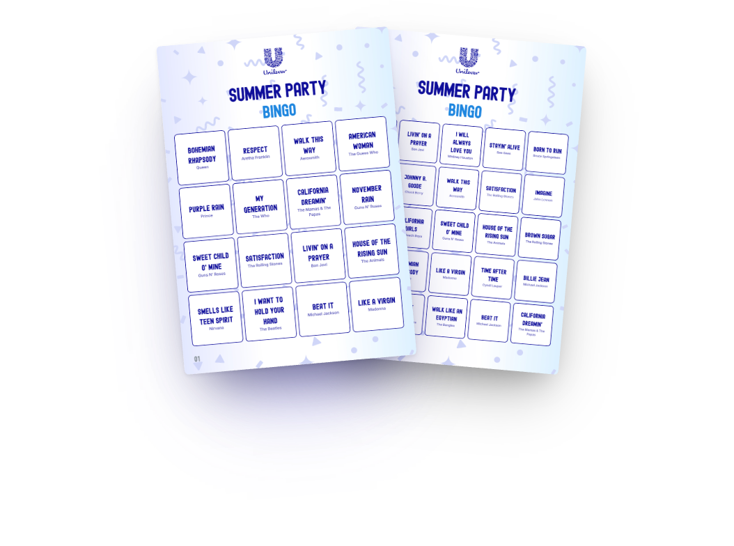 Example design: the same music bingo card with 4x4 and with 5x5 squares in the house style of Unilever