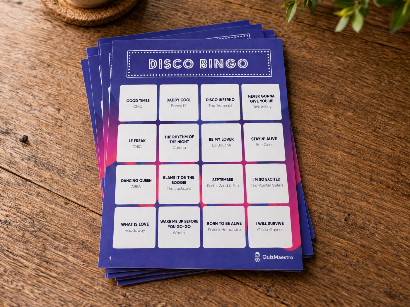 A stack of printed music bingo cards on a wooden table