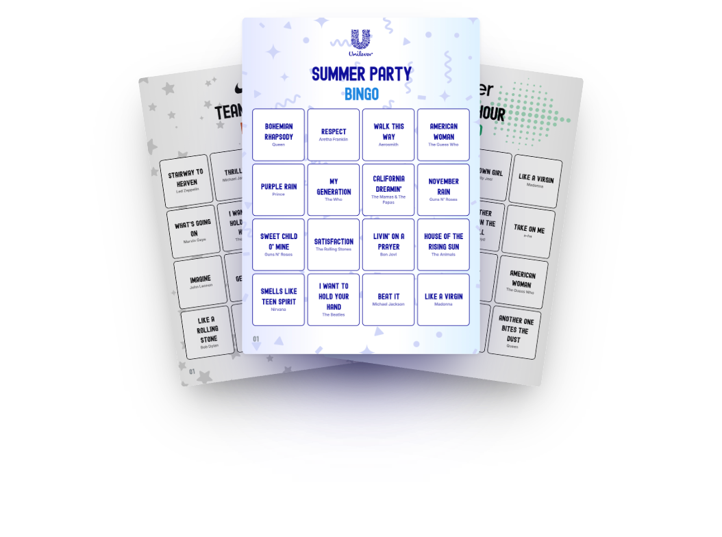 Example design: music bingo cards in the house style of Nike, Uber and Unilever