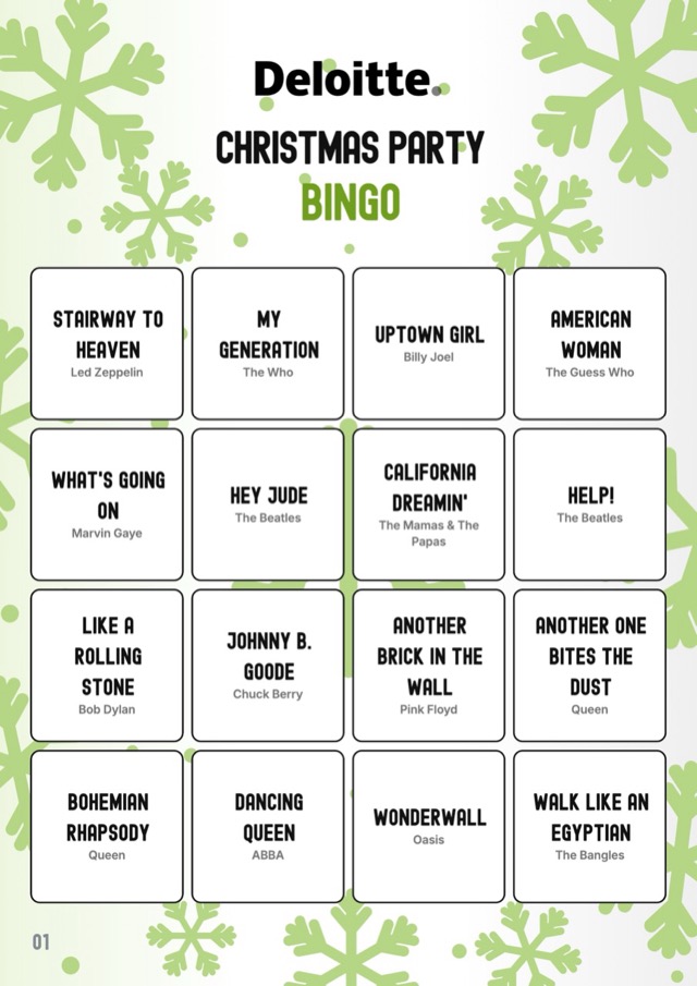 Example design: music bingo card in the house style of Deloitte