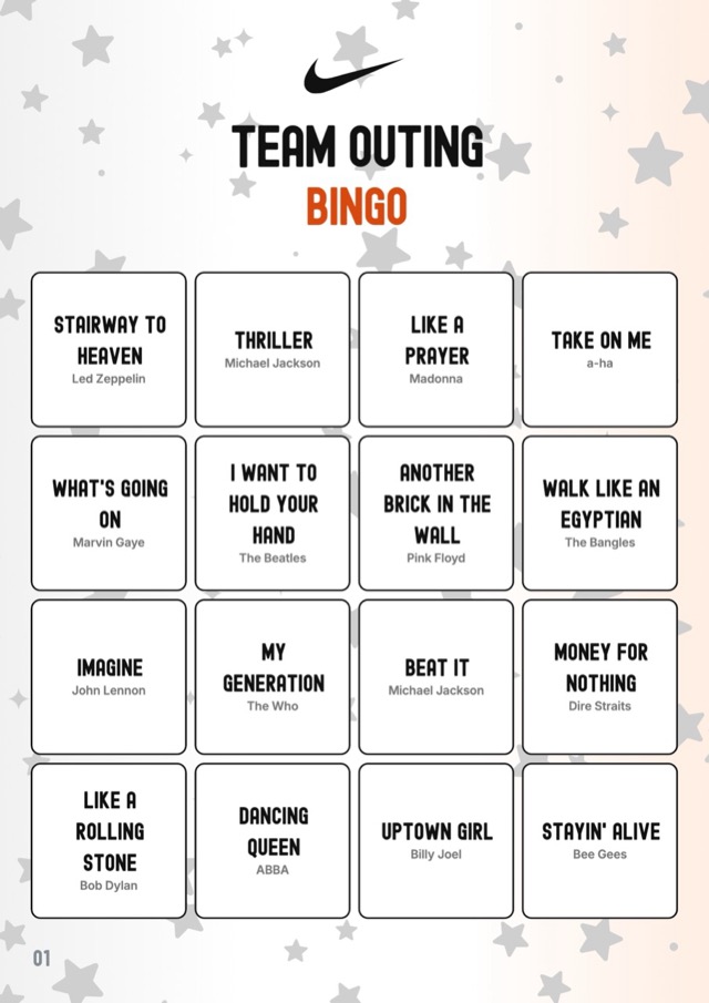 Example design: music bingo card in the house style of Nike