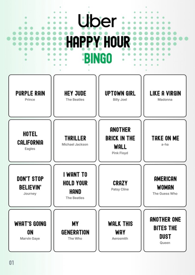 Example design: music bingo card in the house style of Uber