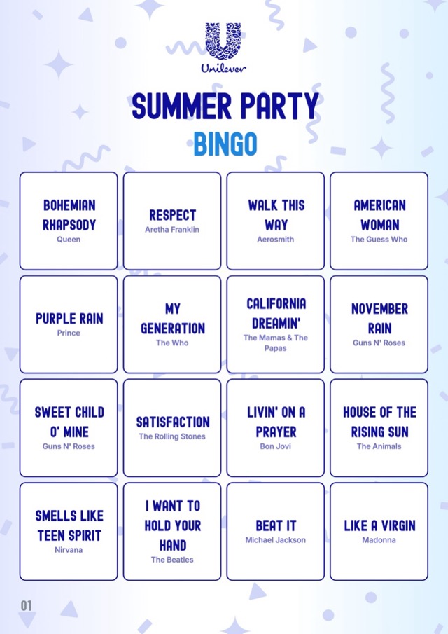 Example design: music bingo card with its own title Summer Party Bingo in the house style of Unilever