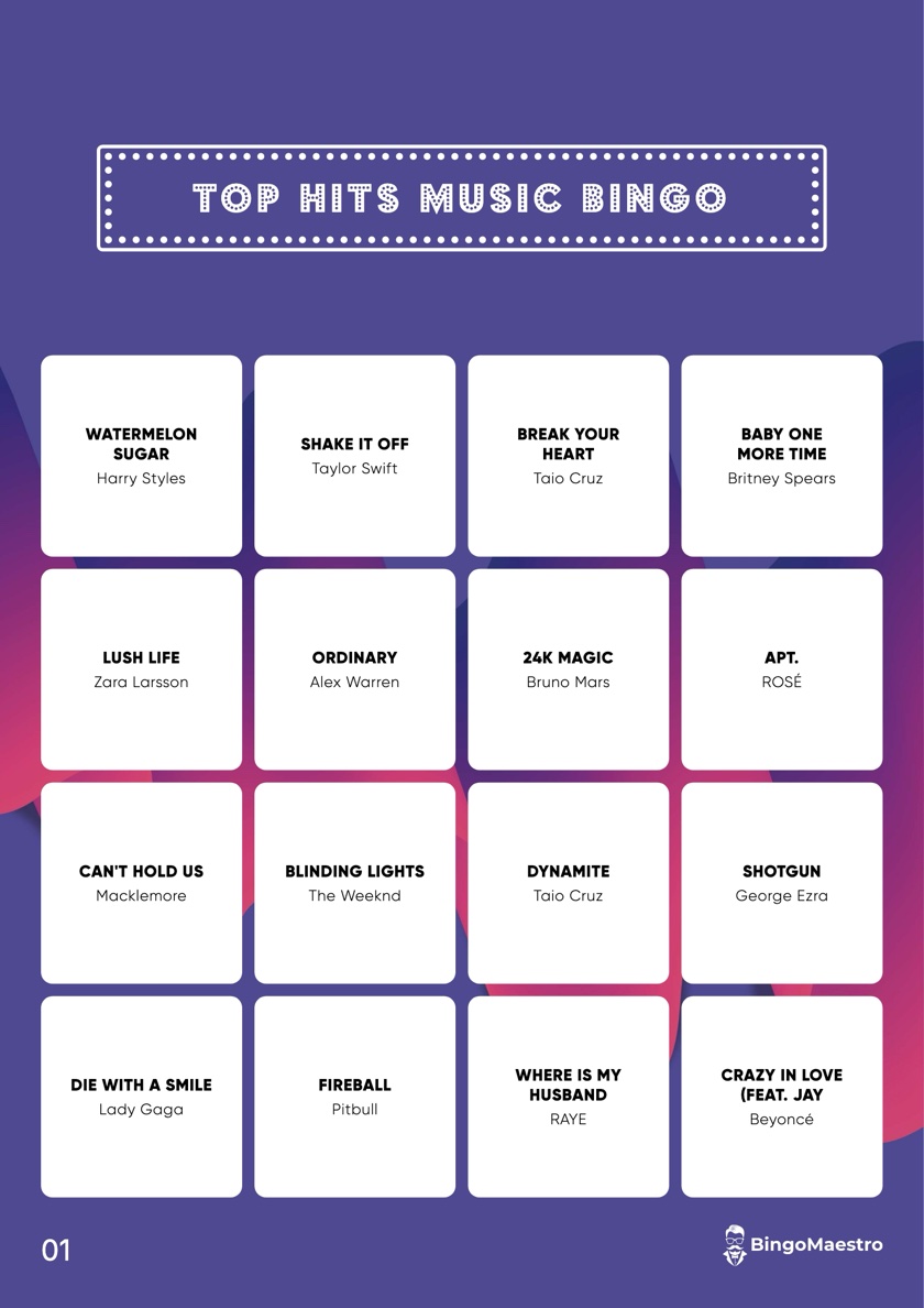 Top Hits Music Bingo card