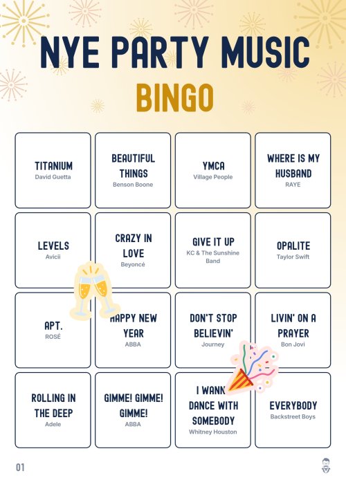 NYE Party Music Bingo