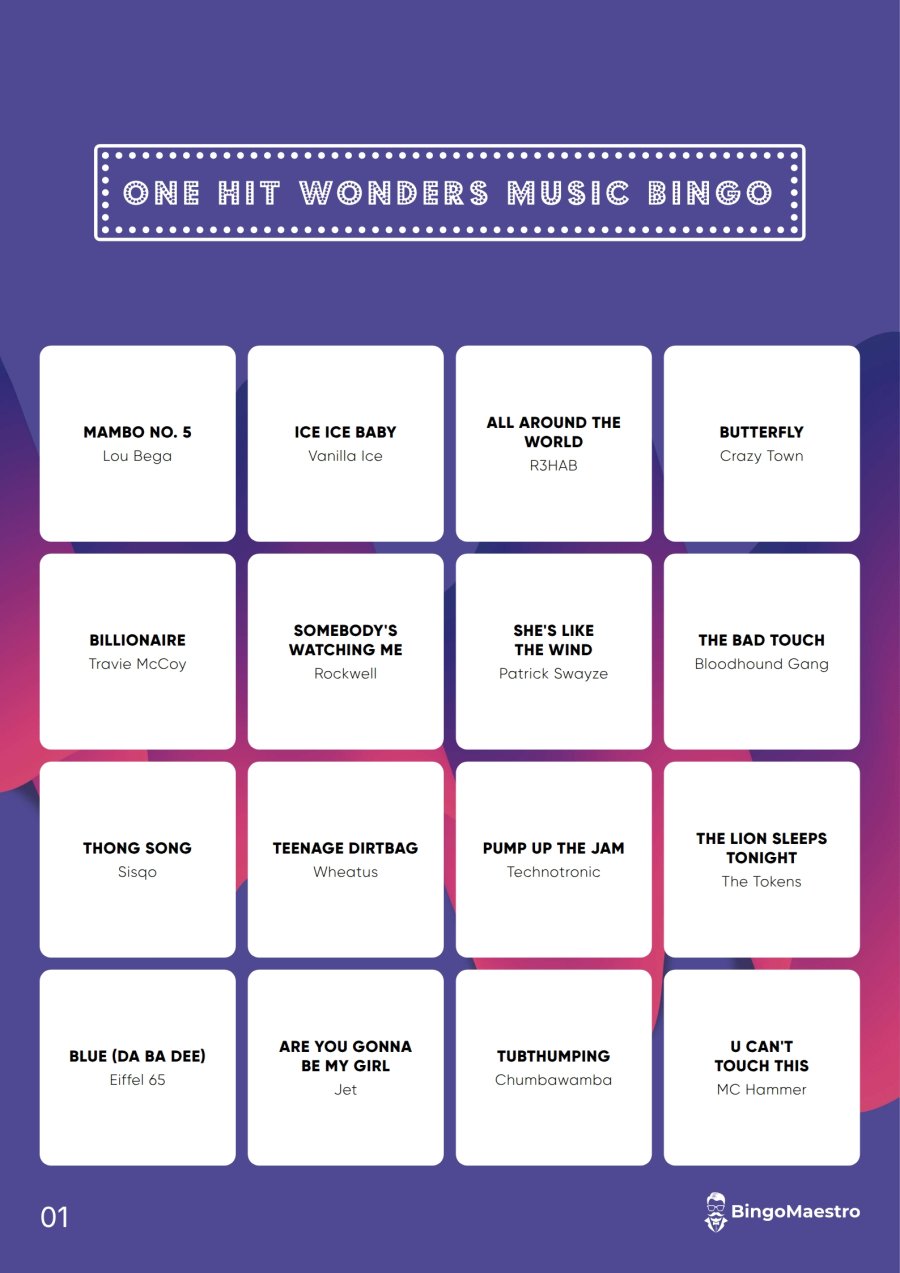 Bingo card from One Hit Wonders Music Bingo