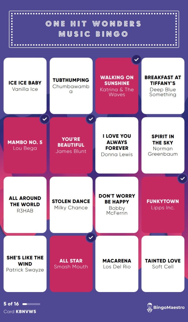Digital bingo card for One Hit Wonders Music Bingo on a phone