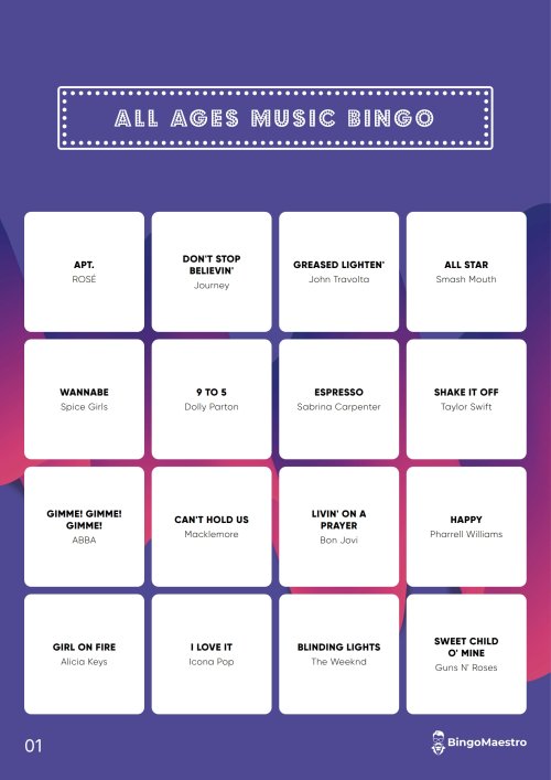 All Ages Music Bingo