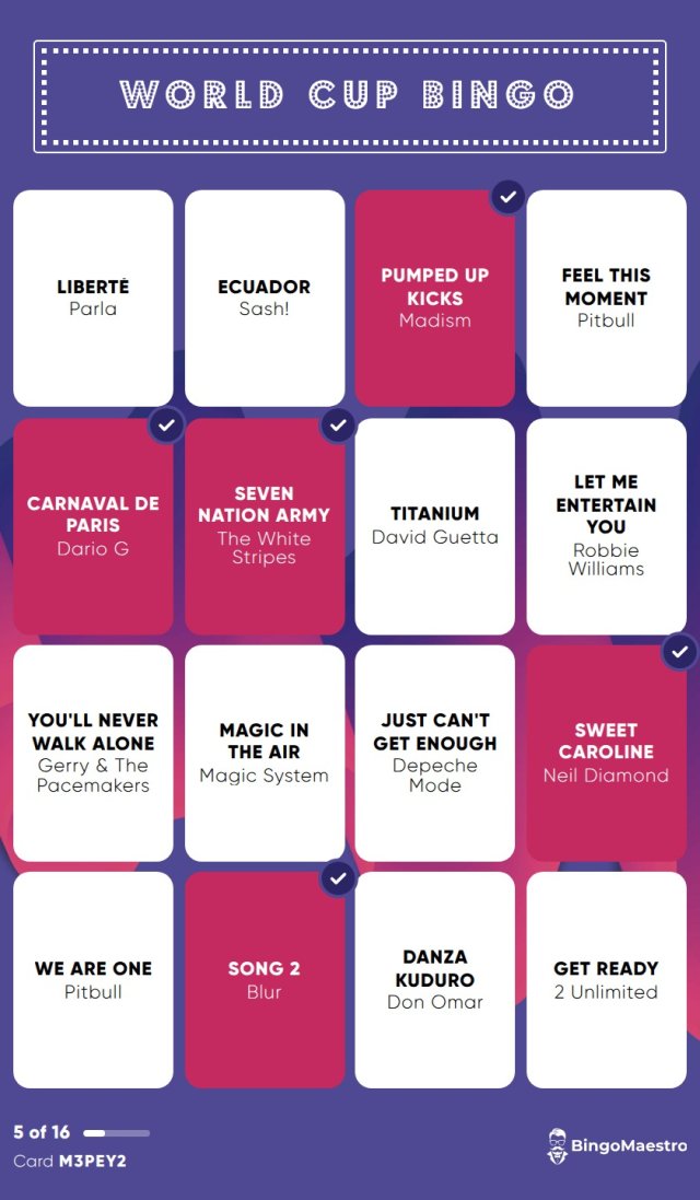 Digital bingo card for World Cup Bingo on a phone